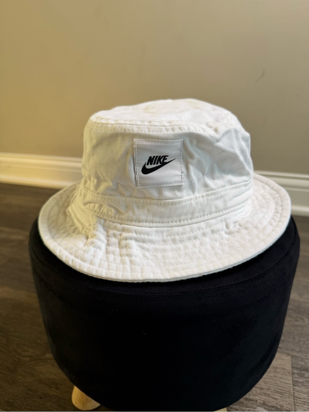 Nike White Bucket Hat with Black Swoosh Patch
